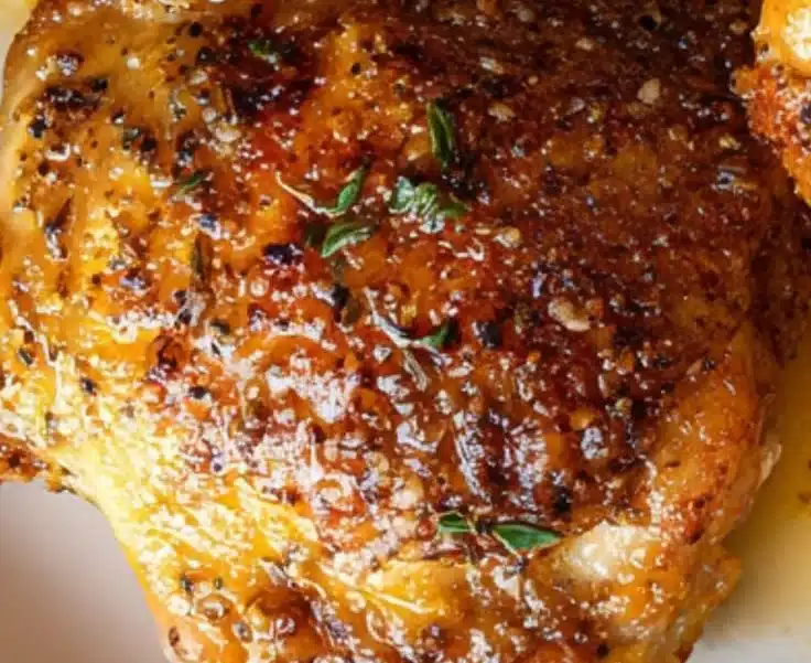 Easy baked boneless skinless chicken thighs served on a plate with herbs.