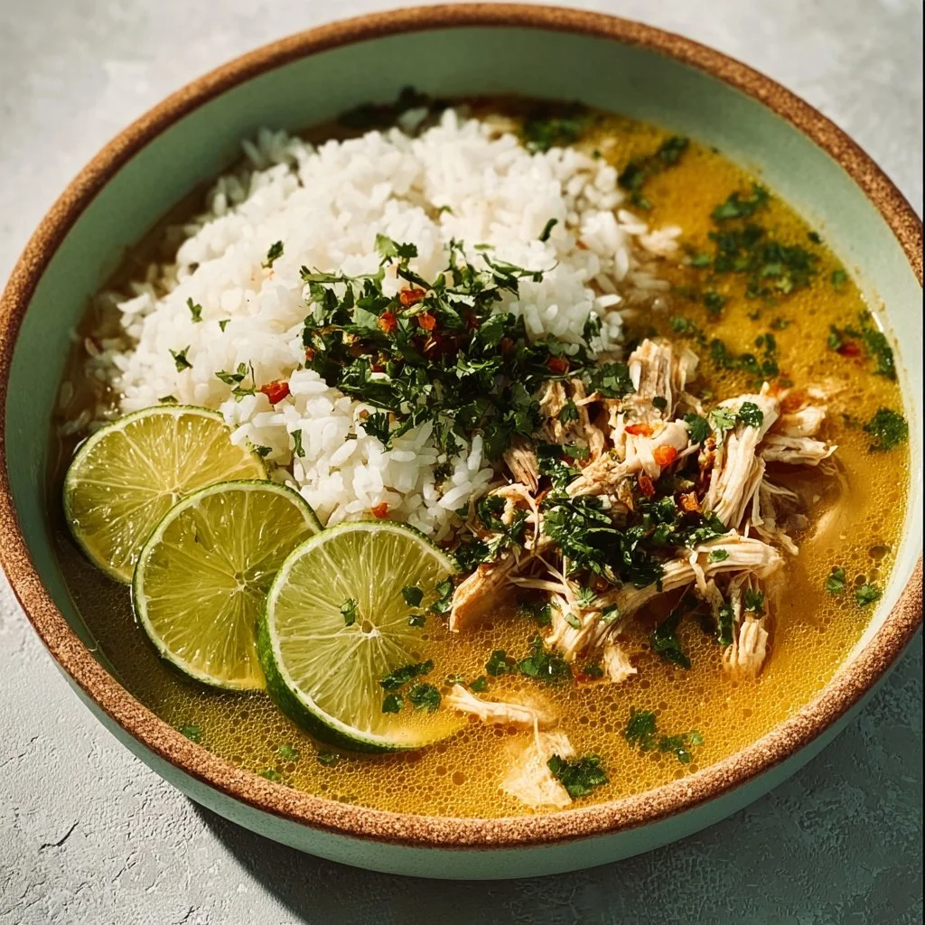 Bowl of easy Mexican lime chicken rice soup topped with fresh cilantro