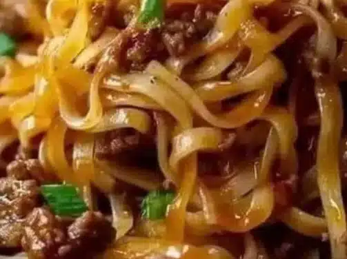 Delicious Easy Mongolian Ground Beef Noodles served in a bowl