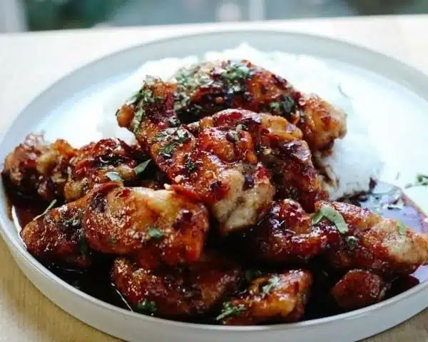 Delicious easy soy garlic chicken thighs served with vegetables