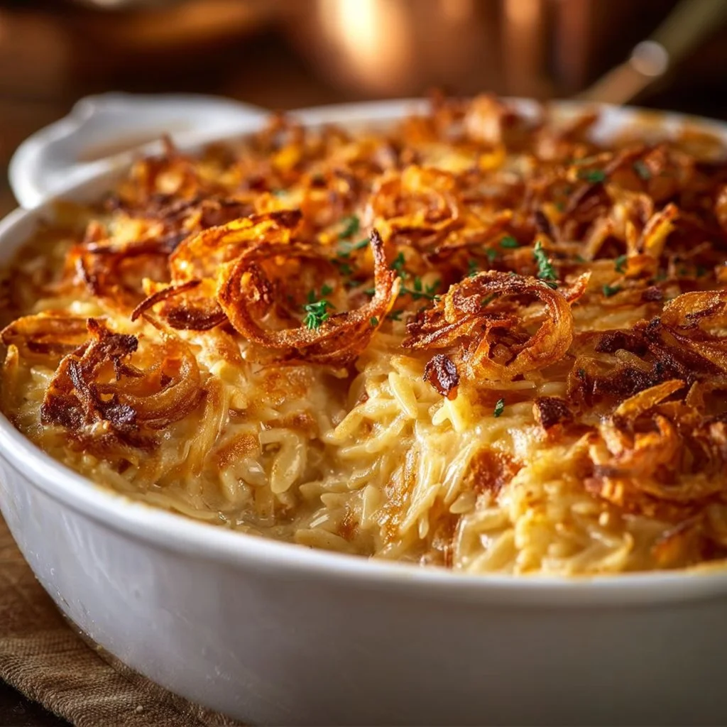 French onion chicken orzo casserole topped with melted cheese and herbs