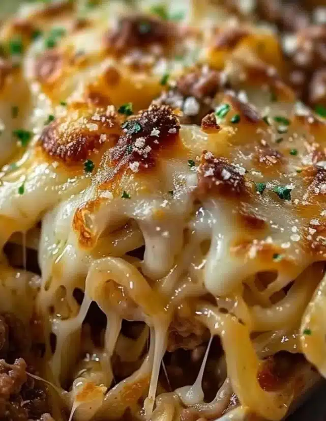Delicious French Onion Ground Beef Casserole topped with melted cheese