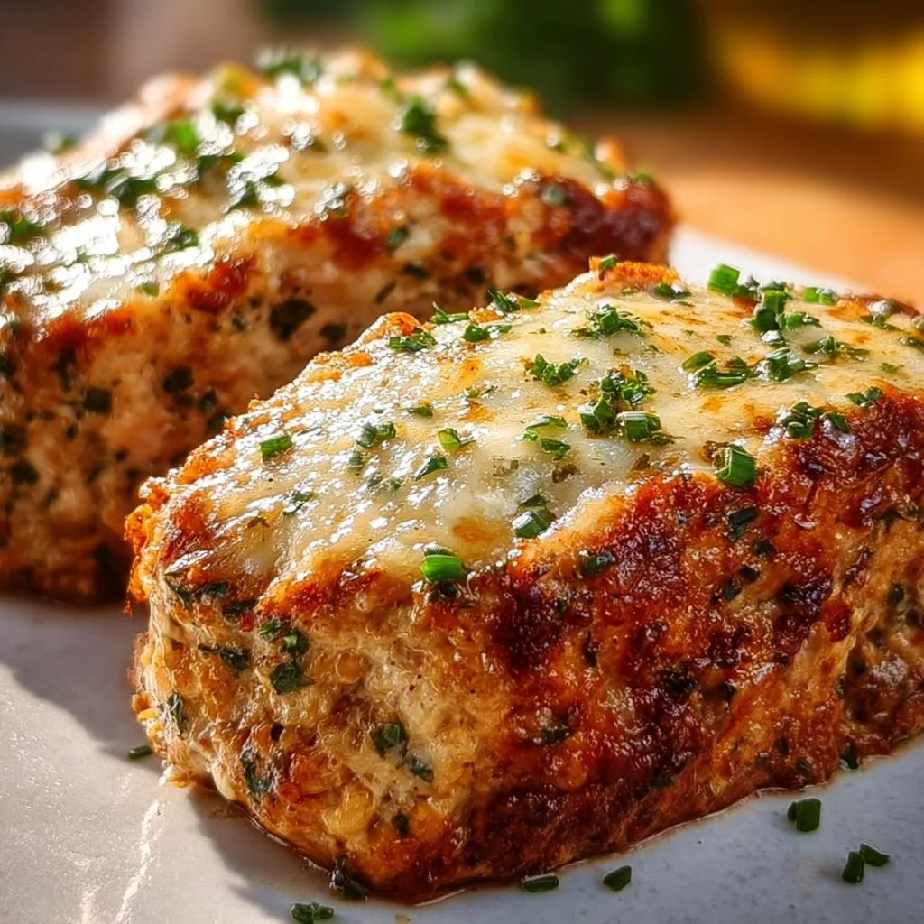 Garlic Parmesan Chicken Meatloaf freshly baked and served on a plate