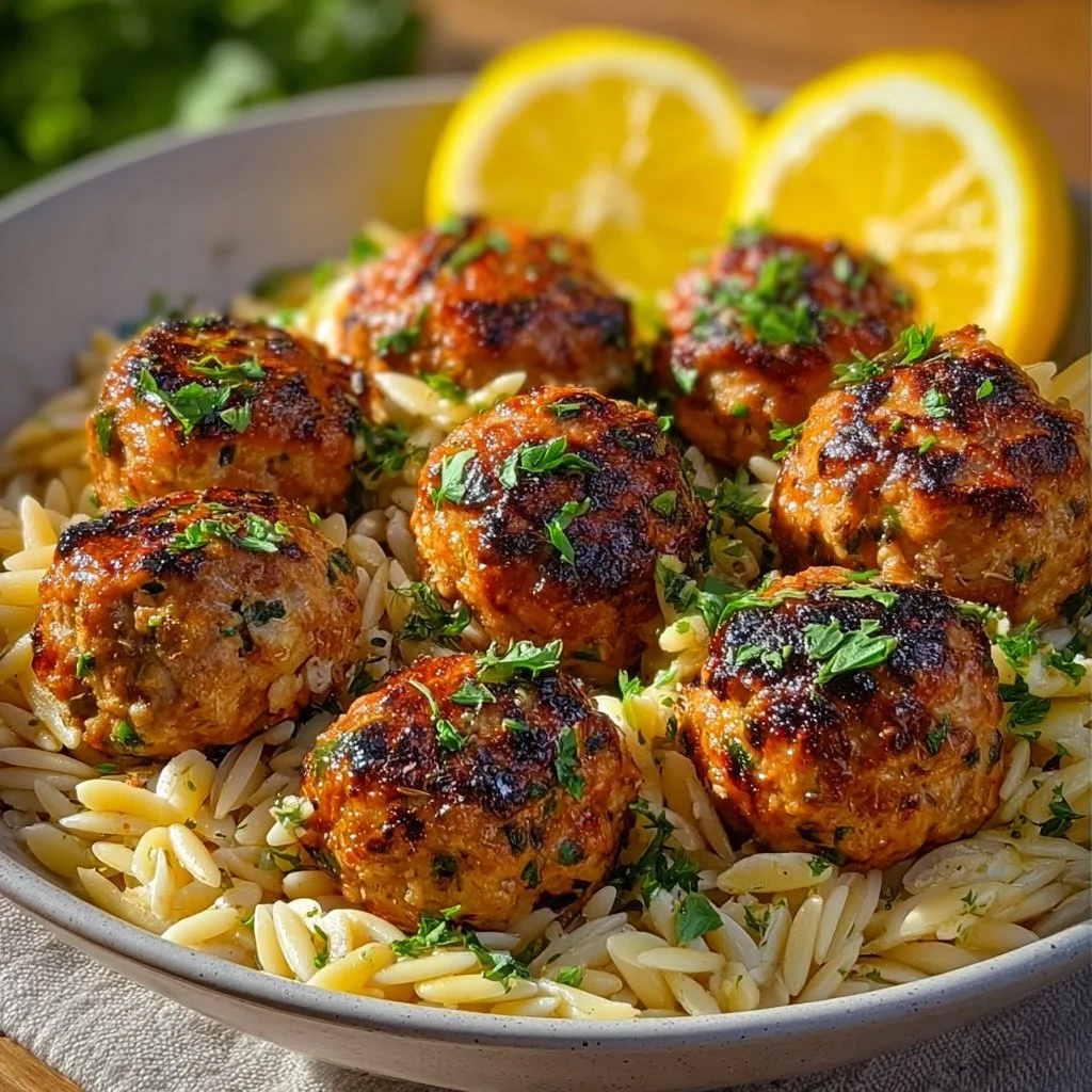 Delicious Greek Chicken Meatballs with Lemon Orzo served on a plate