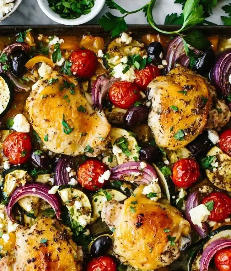 Delicious Greek Sheet Pan Chicken with vibrant vegetables on a baking sheet.