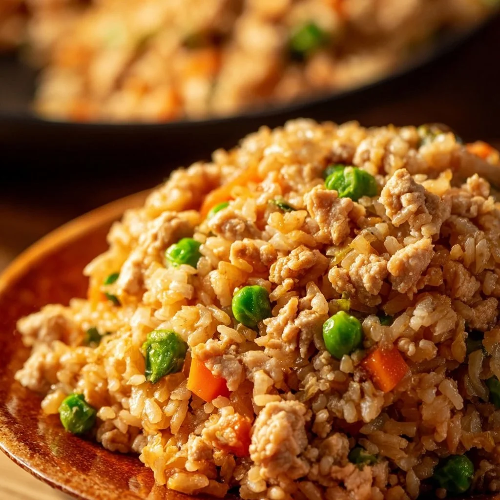 Delicious bowl of ground chicken fried rice with colorful vegetables