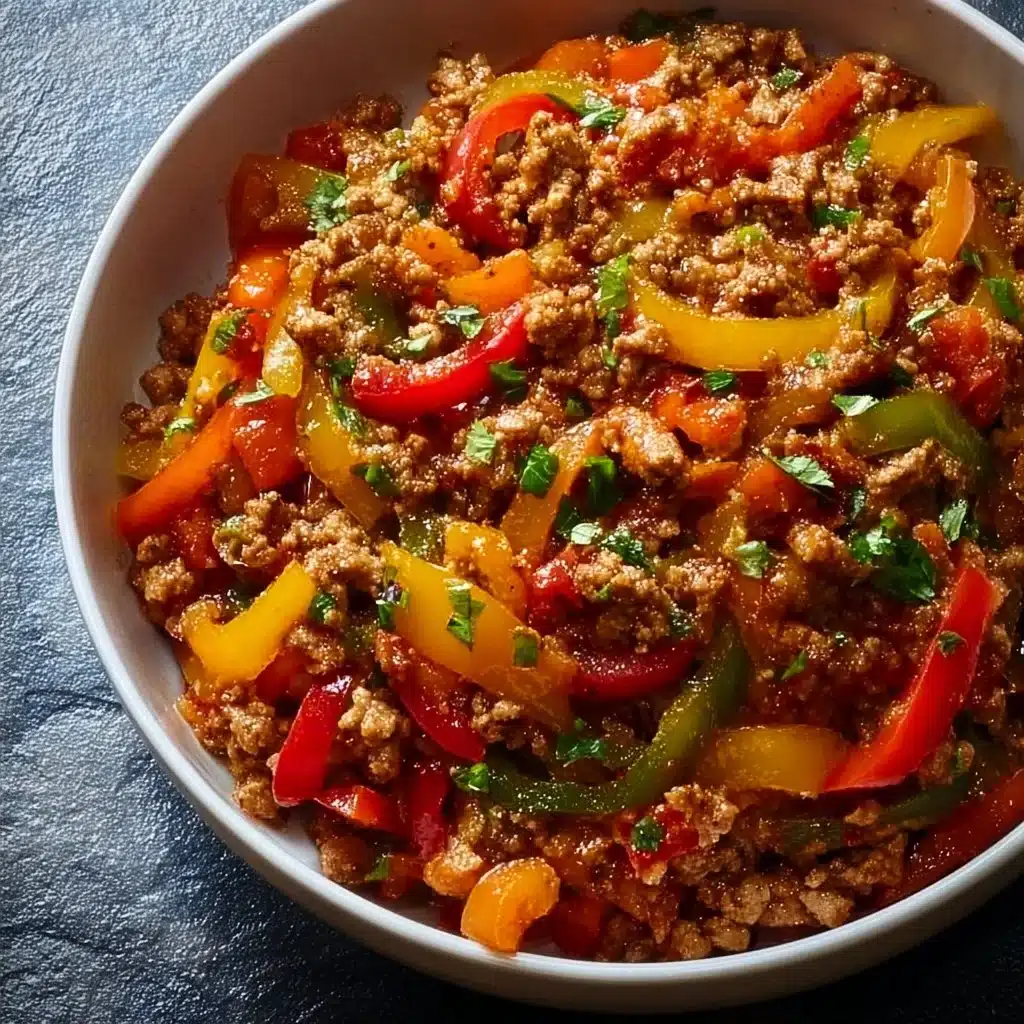 Plate of ground turkey and peppers sautéed with spices and vegetables