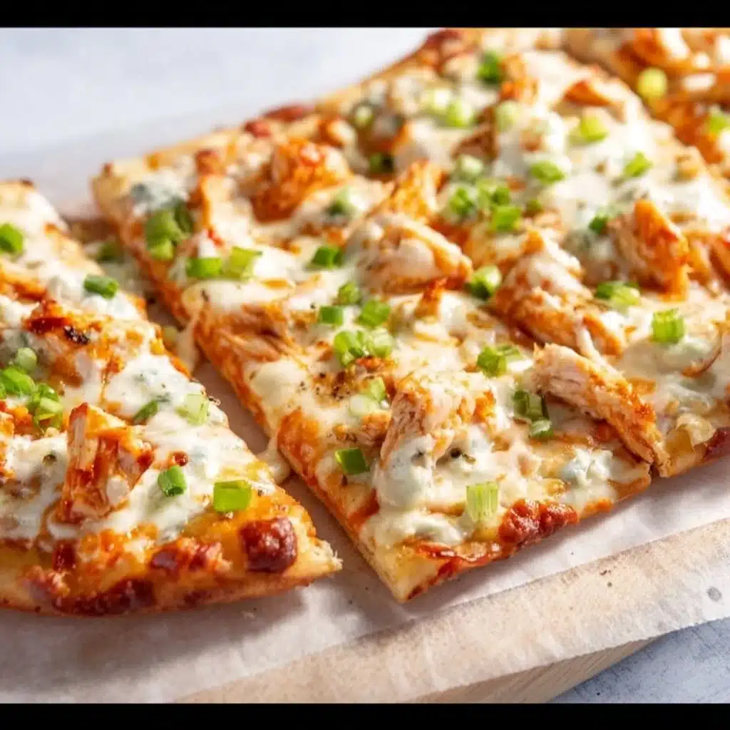 High Protein Buffalo Chicken Flatbread topped with fresh ingredients and spices