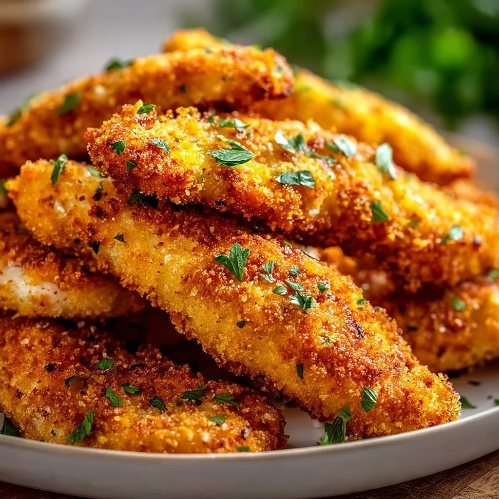 Plate of homemade baked chicken tenders with a crispy golden coating