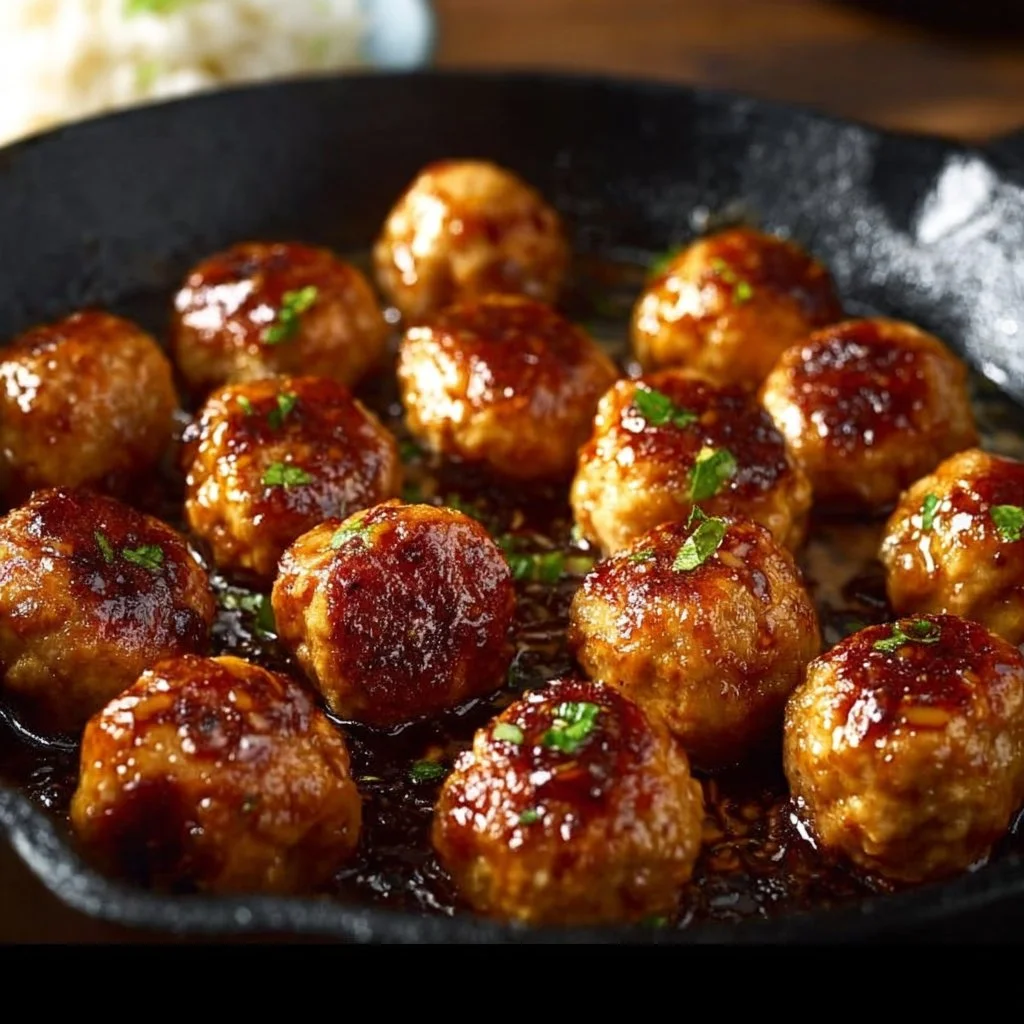Plate of honey garlic chicken meatballs drizzled with sauce and garnished with green onions.