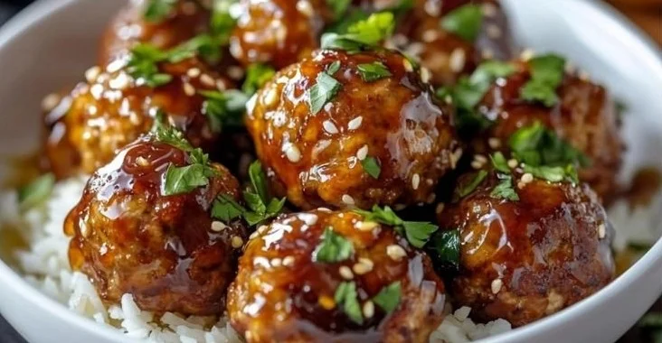 Delicious honey garlic turkey meatballs served with sauce and garnished.