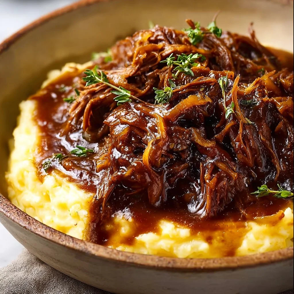 Juicy French onion pot roast served with side vegetables on a plate