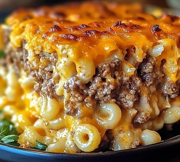 Delicious Mac and Cheese Meatloaf Casserole served in a dish