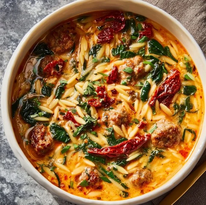 Bowl of Marry Me Sausage Orzo Soup garnished with herbs