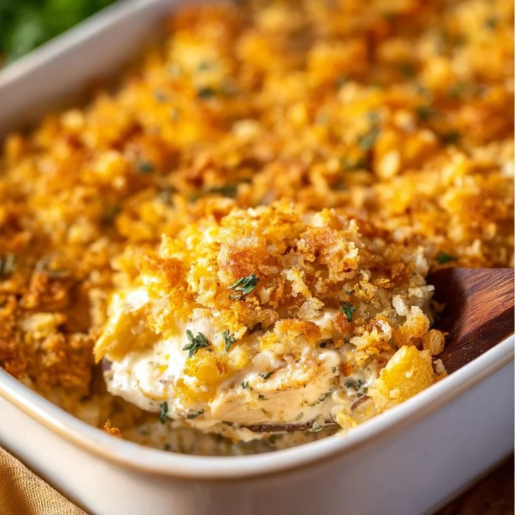Delicious Million Dollar Chicken Casserole baked with creamy layers and topped with cheese.