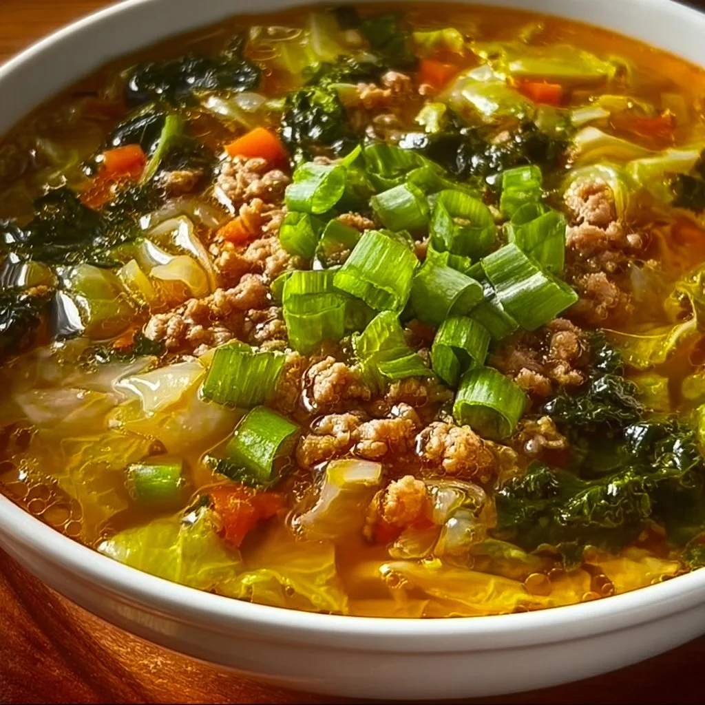 One-Pot Egg Roll Soup with Green Onions and Ginger in a bowl