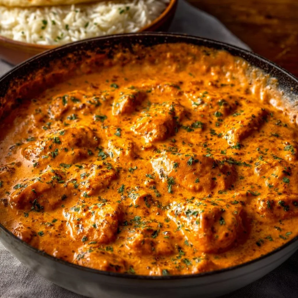 Delicious plate of homemade butter chicken served with rice and naan