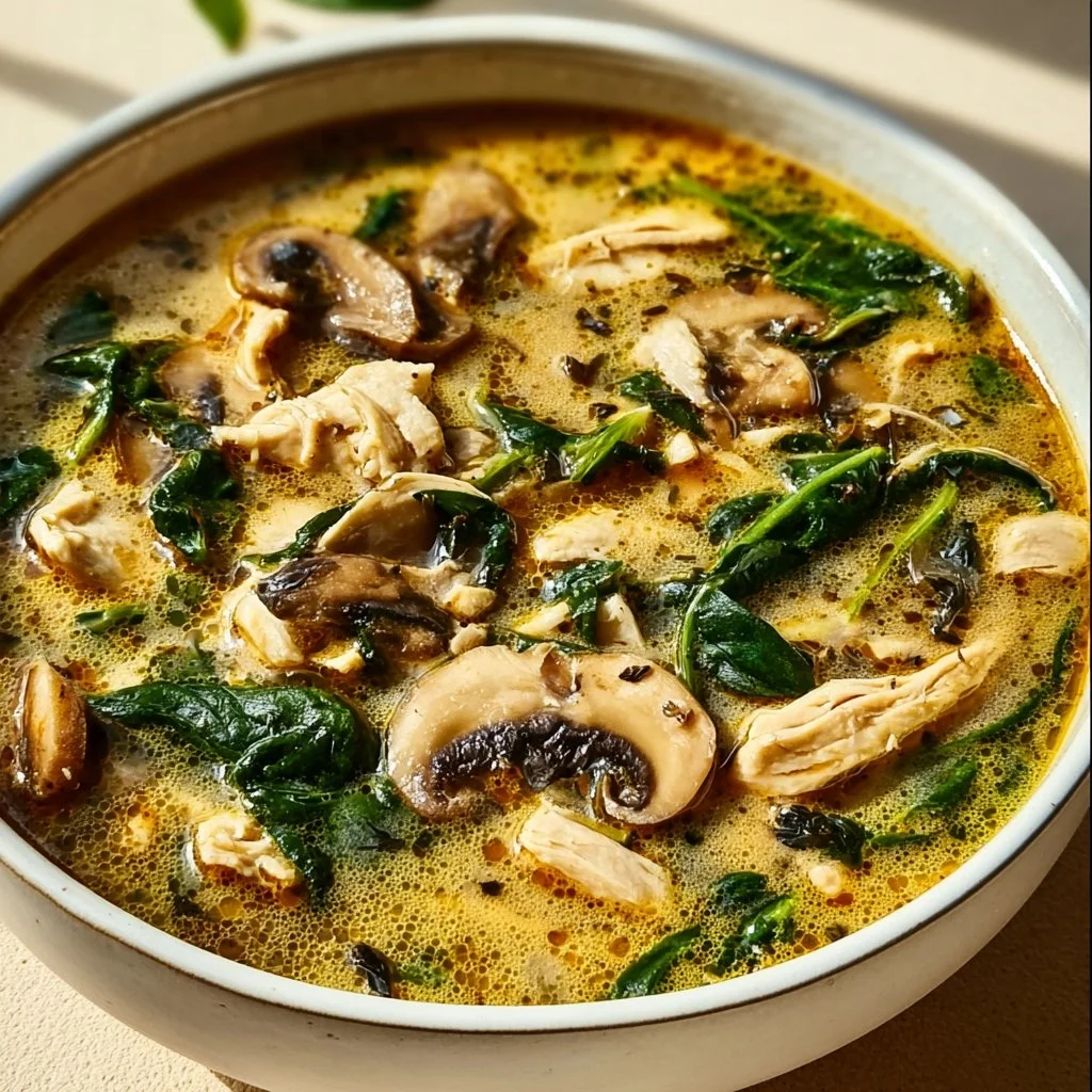 Bowl of creamy Rotisserie Chicken Mushroom Soup garnished with herbs