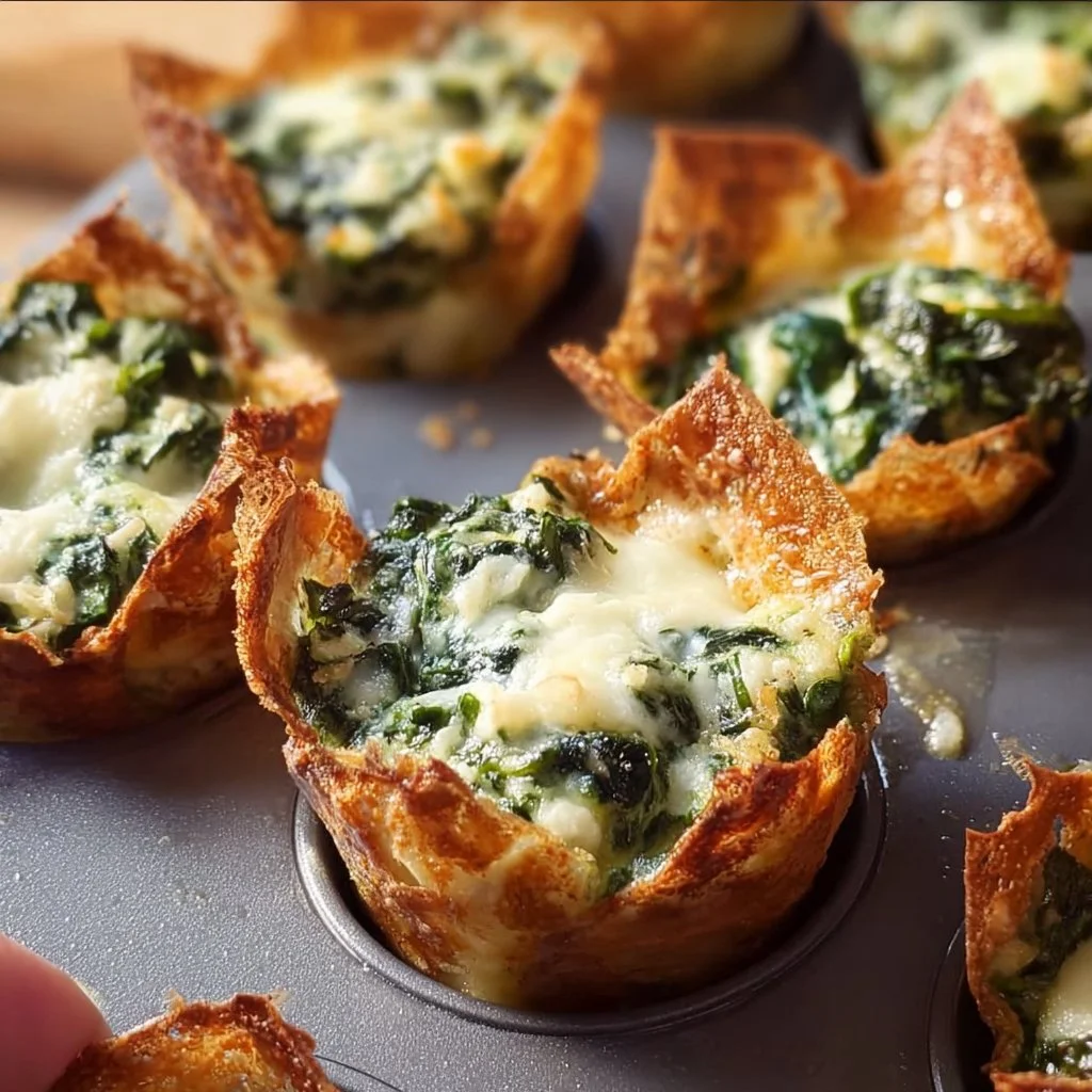 Delicious spinach and artichoke wonton cups served as an appetizer