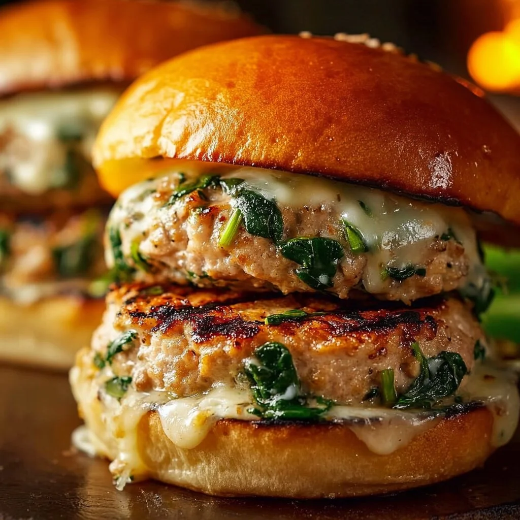 White cheddar and spinach chicken burgers on a plate with fresh ingredients