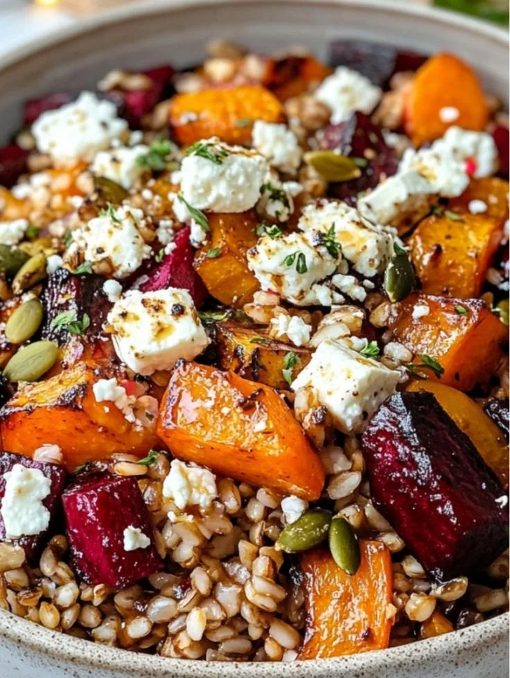 A warm Winter Harvest Dinner Bowl filled with seasonal vegetables and grains.