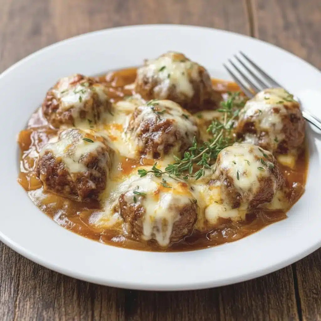 Cheesy French onion meatballs topped with melted cheese in a savory sauce.