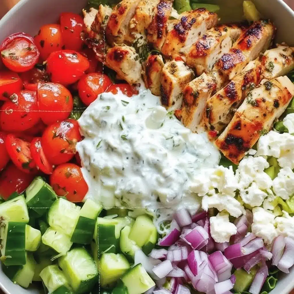 Greek Chicken Bowl with fresh vegetables and flavorful dressing