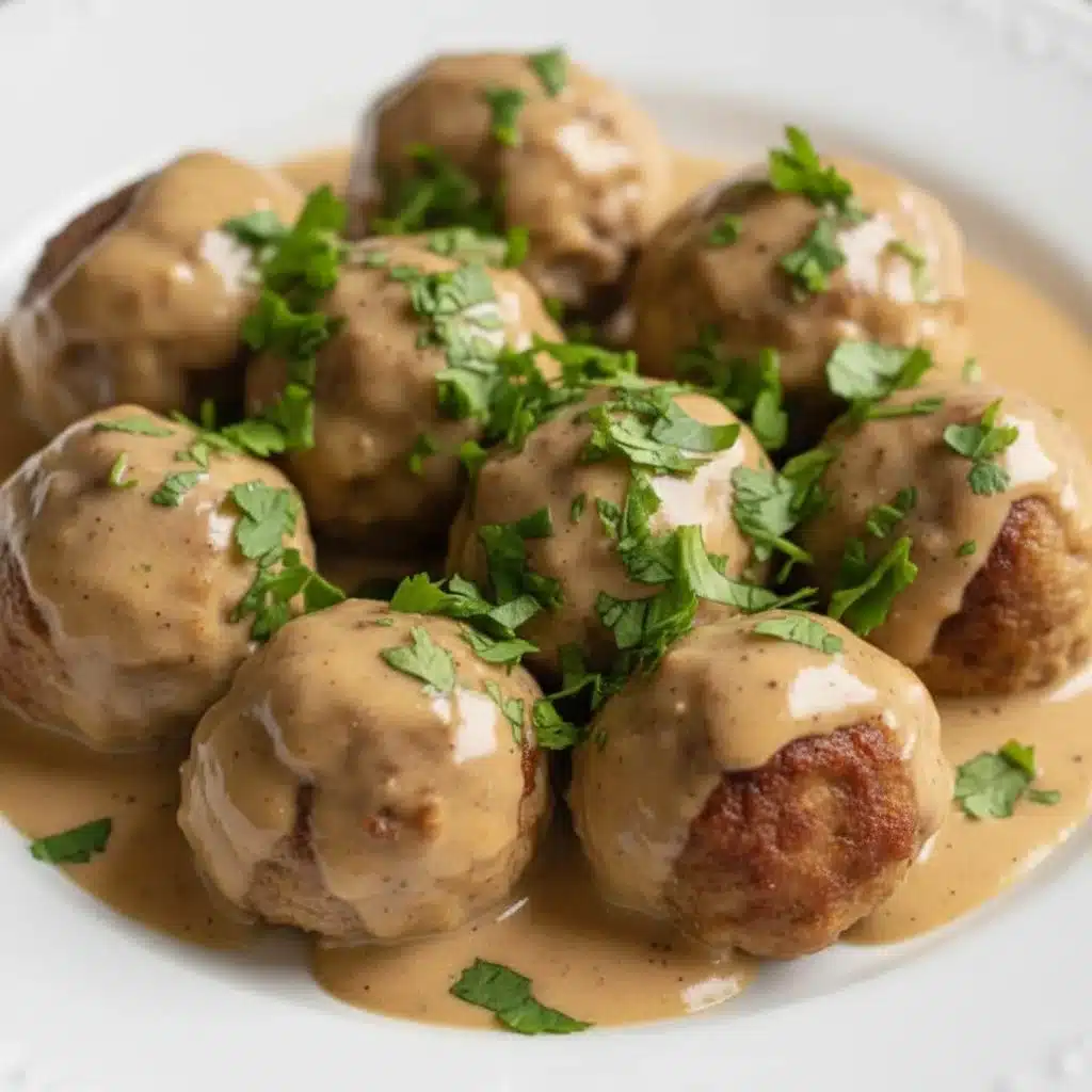 Plate of homemade IKEA meatballs served with lingonberry sauce and mashed potatoes