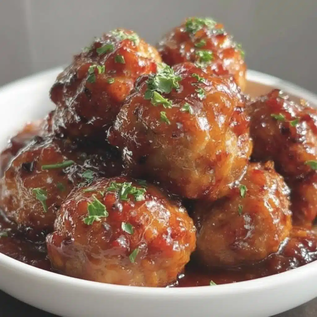 Slow cooker honey garlic meatballs in a serving dish